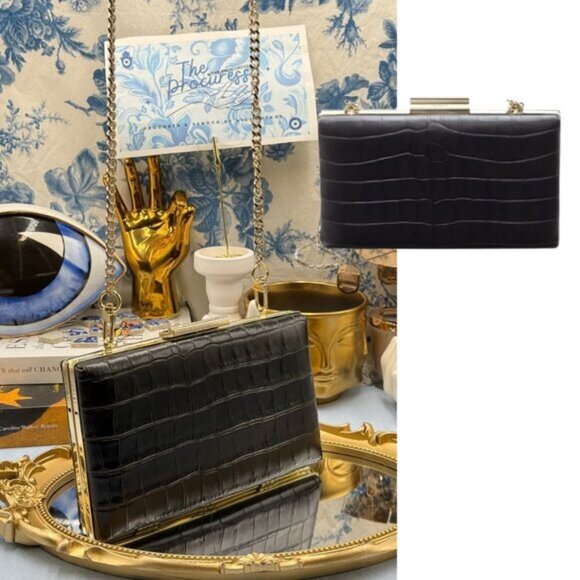 🆕 JASON WU 🧿 NWOT Black Croc Embossed Leather Clutch, with Gold Chain Strap - Picture 1 of 16